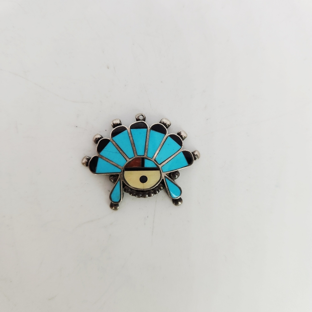 Vintage Zuni Inlay Chief Headdress Charm Pendant Sterling Silver Turquoise MOP